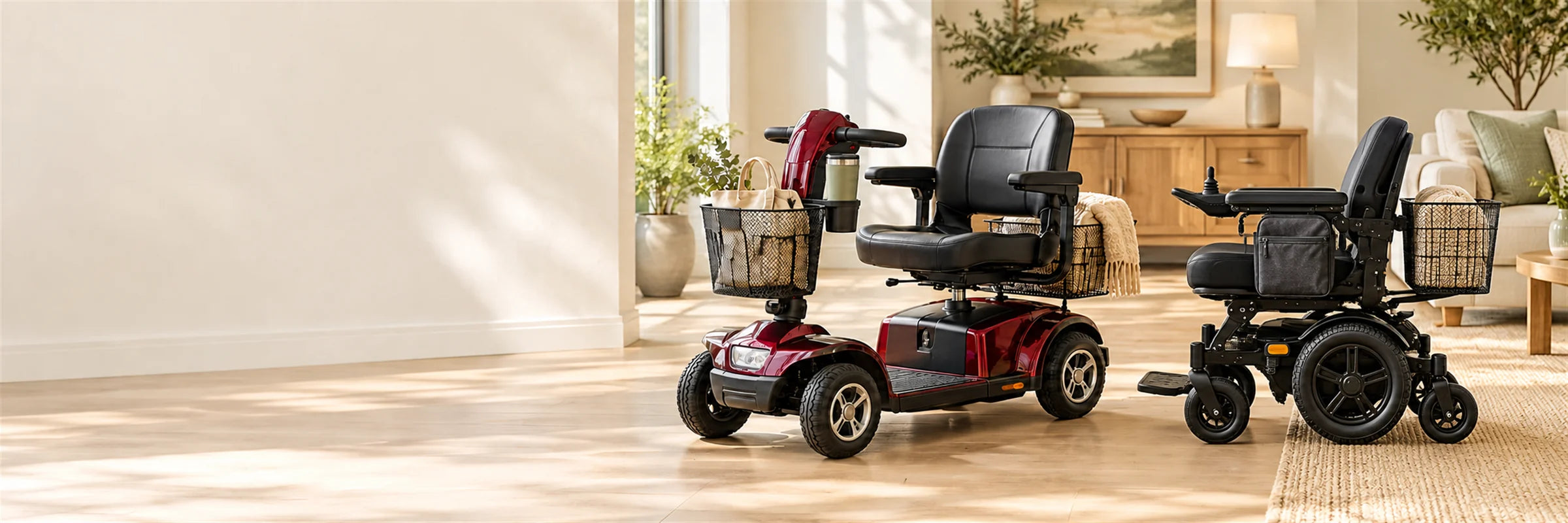 A red mobility scooter with a front basket, a cup holder and a rear basket, beside a power wheelchair with a side bag and a rear basket, in a sunny living room