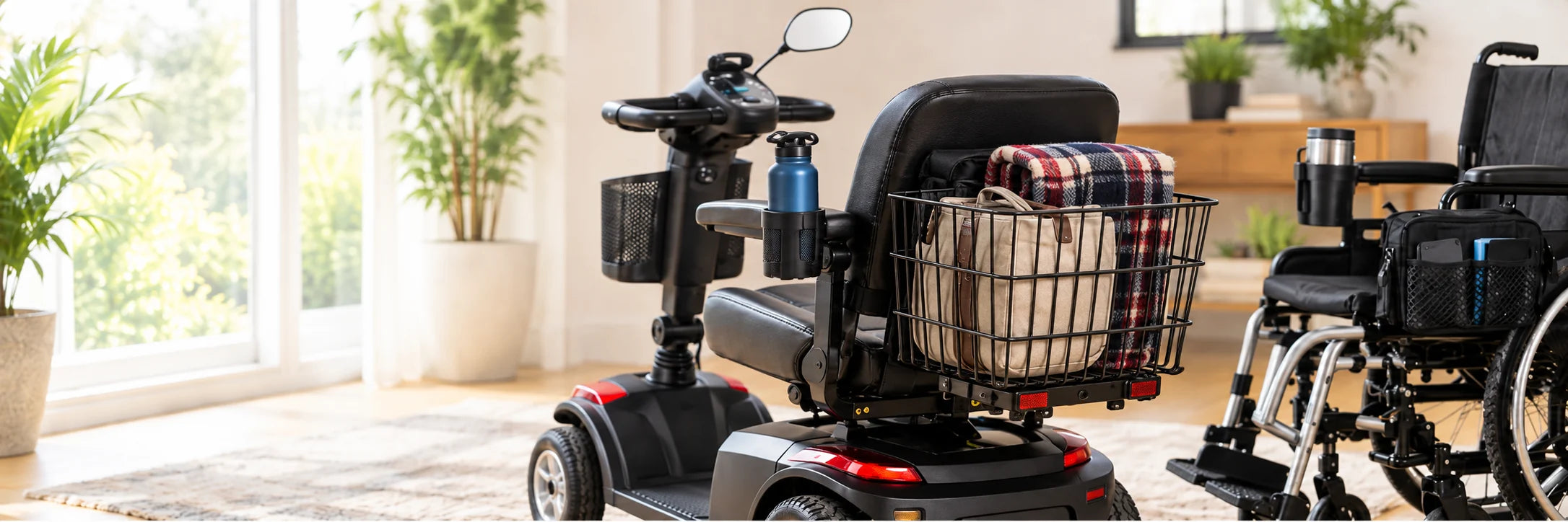A mobility scooter with a cup holder, a front basket and a rear basket holding a bag and a blanket, beside a wheelchair with a cup holder and a bag, in a sunny living room