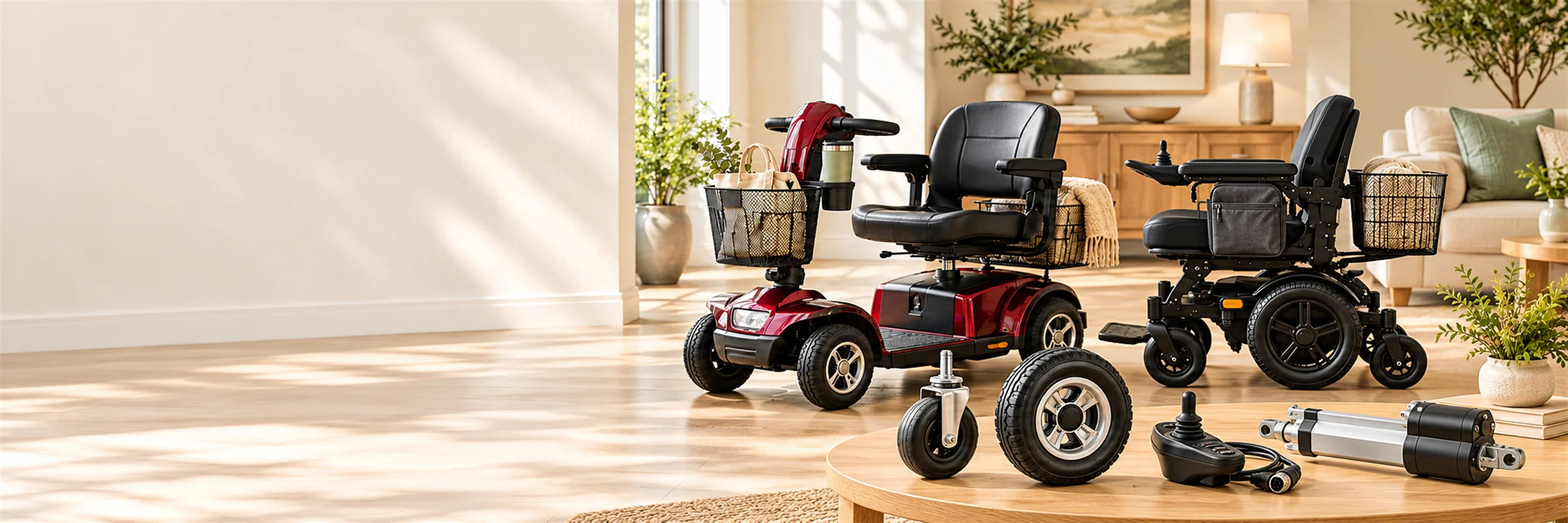 A red mobility scooter with baskets and a cup holder and a power wheelchair with a side bag and a rear basket in a sunny living room, with a caster wheel, a drive wheel, a joystick and an actuator on a round table in front