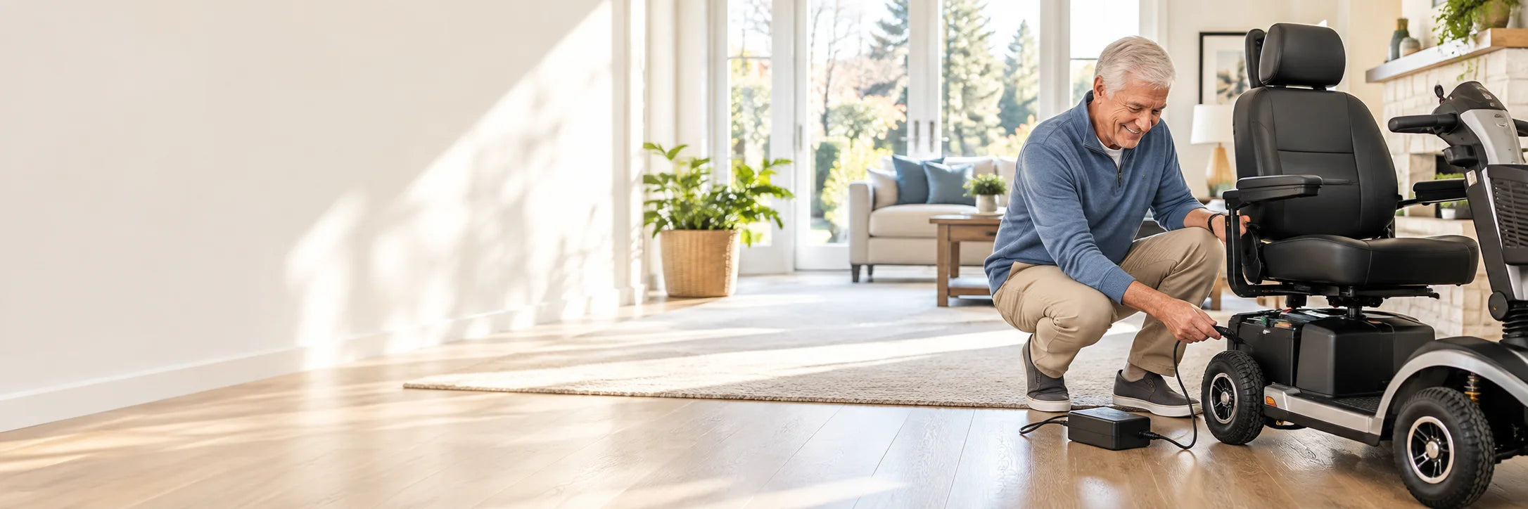 A man plugging a charger into his mobility scooter in a sunny living room