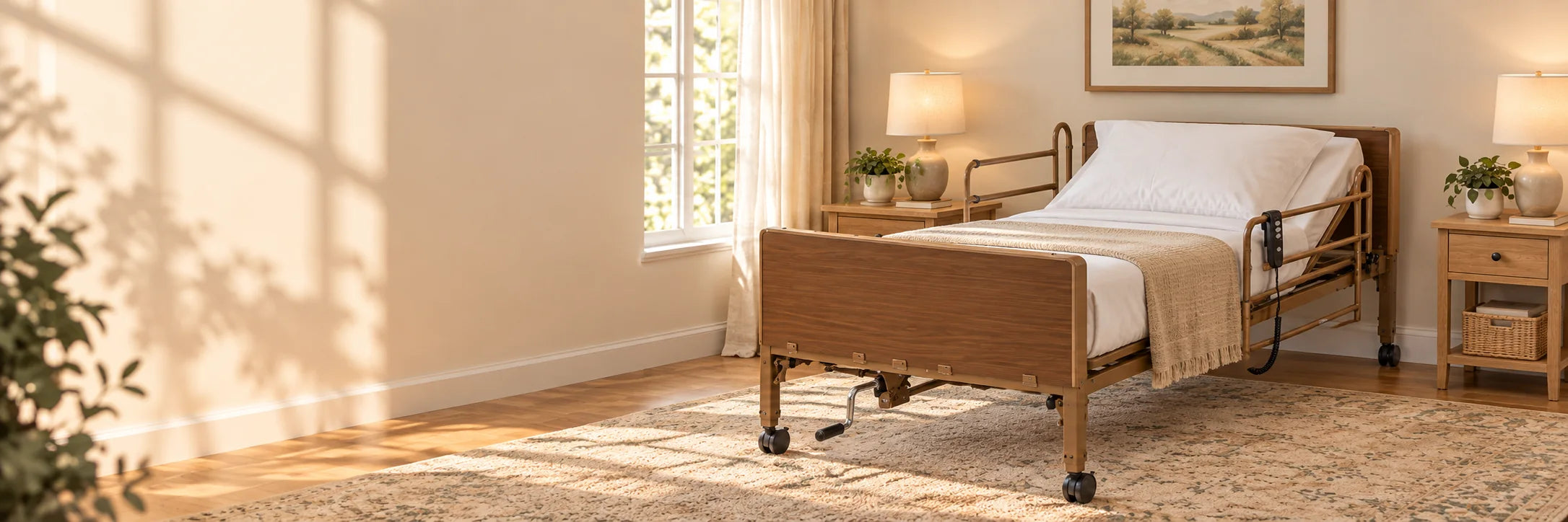 A semi-electric homecare bed with half rails made up in a sunny bedroom