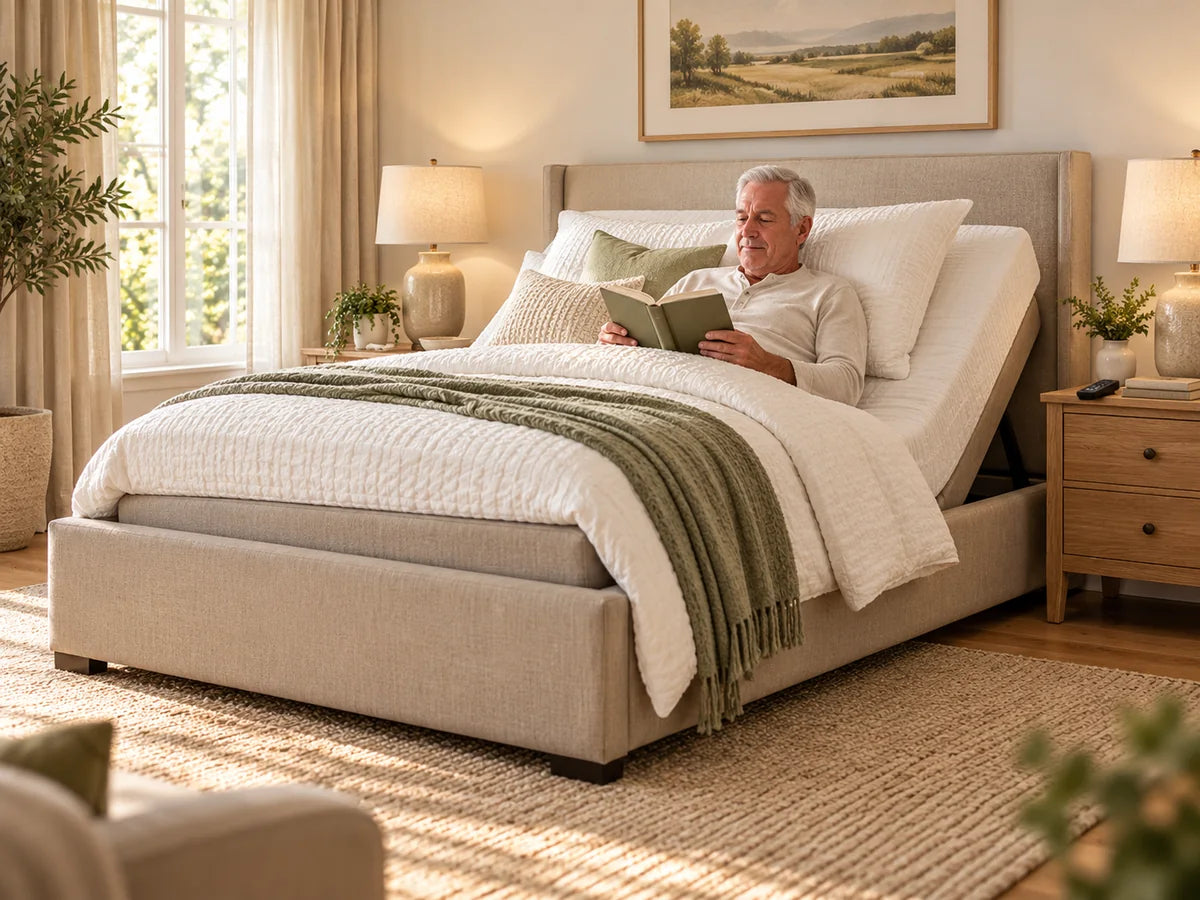 A man reading in an upholstered adjustable bed with the head raised