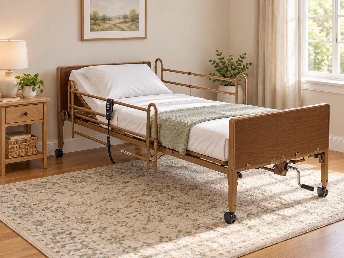 A semi-electric homecare bed with half rails, a hand control and a height crank in a bedroom