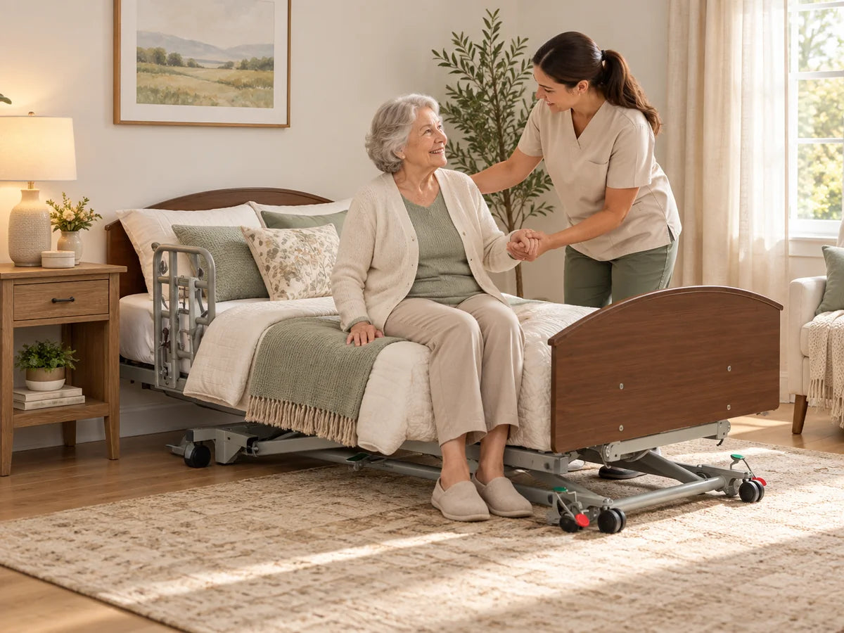 A caregiver helping an older woman sit on the edge of a lowered hi-low homecare bed