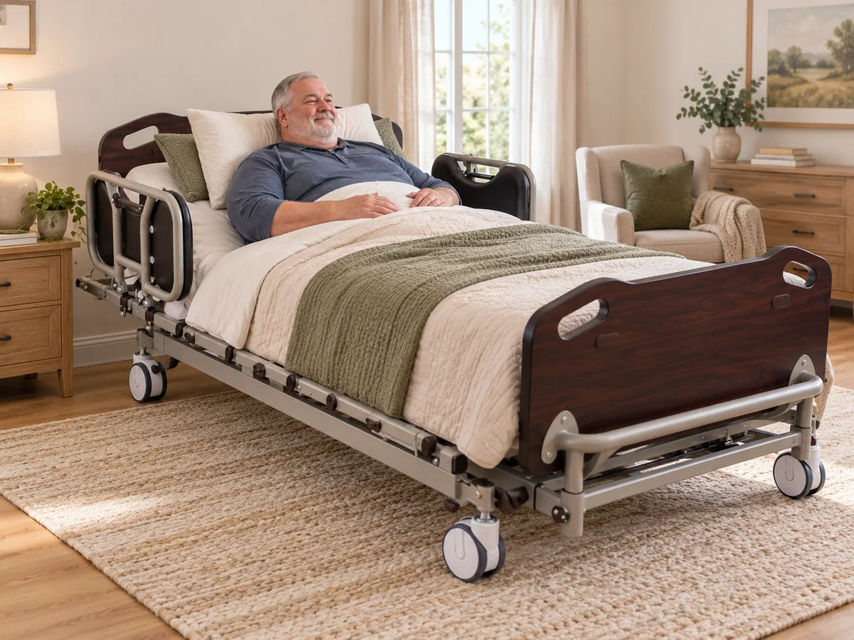 A man resting in a wide heavy duty homecare bed with padded rails