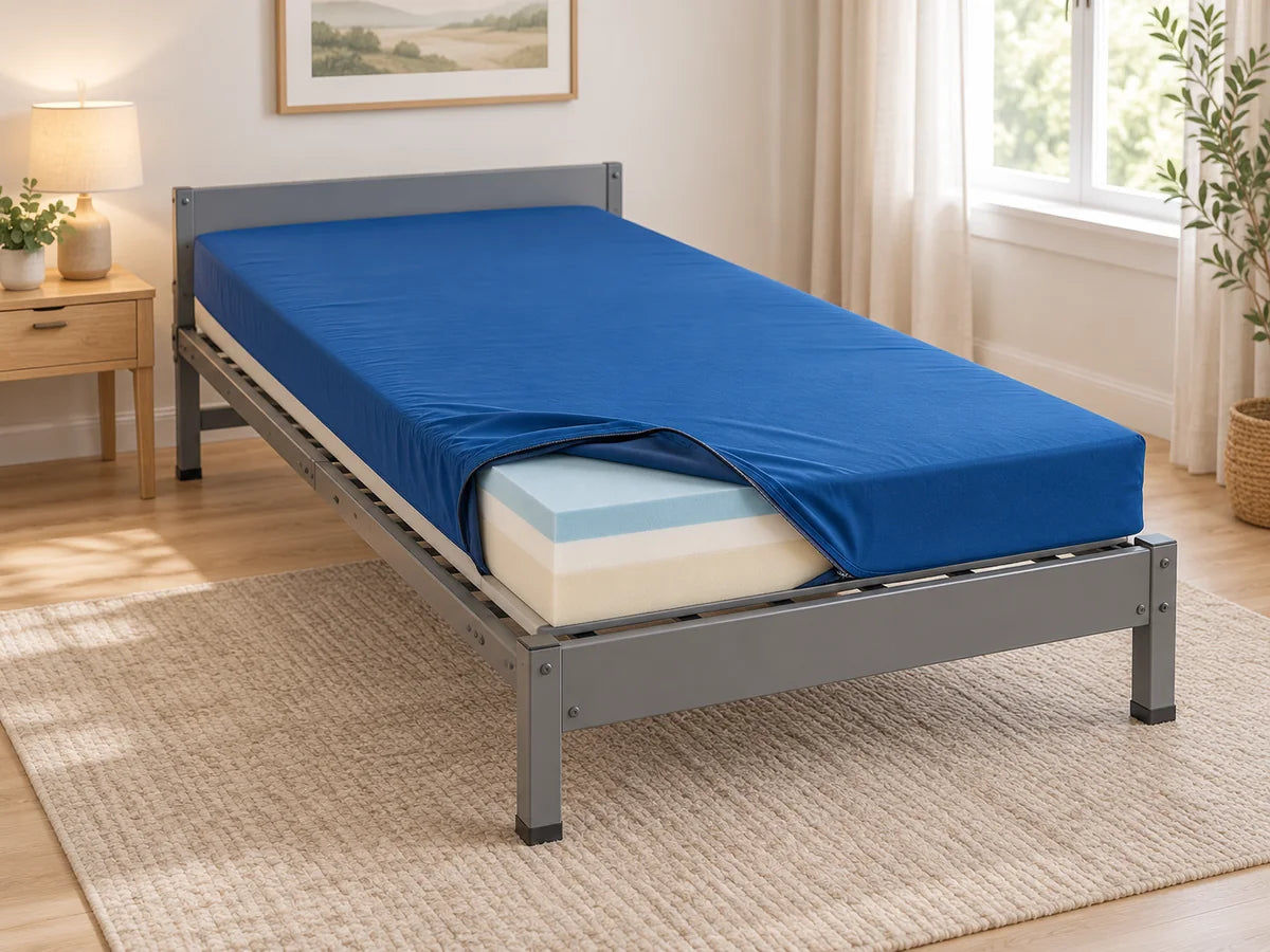 A blue covered homecare foam mattress with one corner opened to show the foam layers