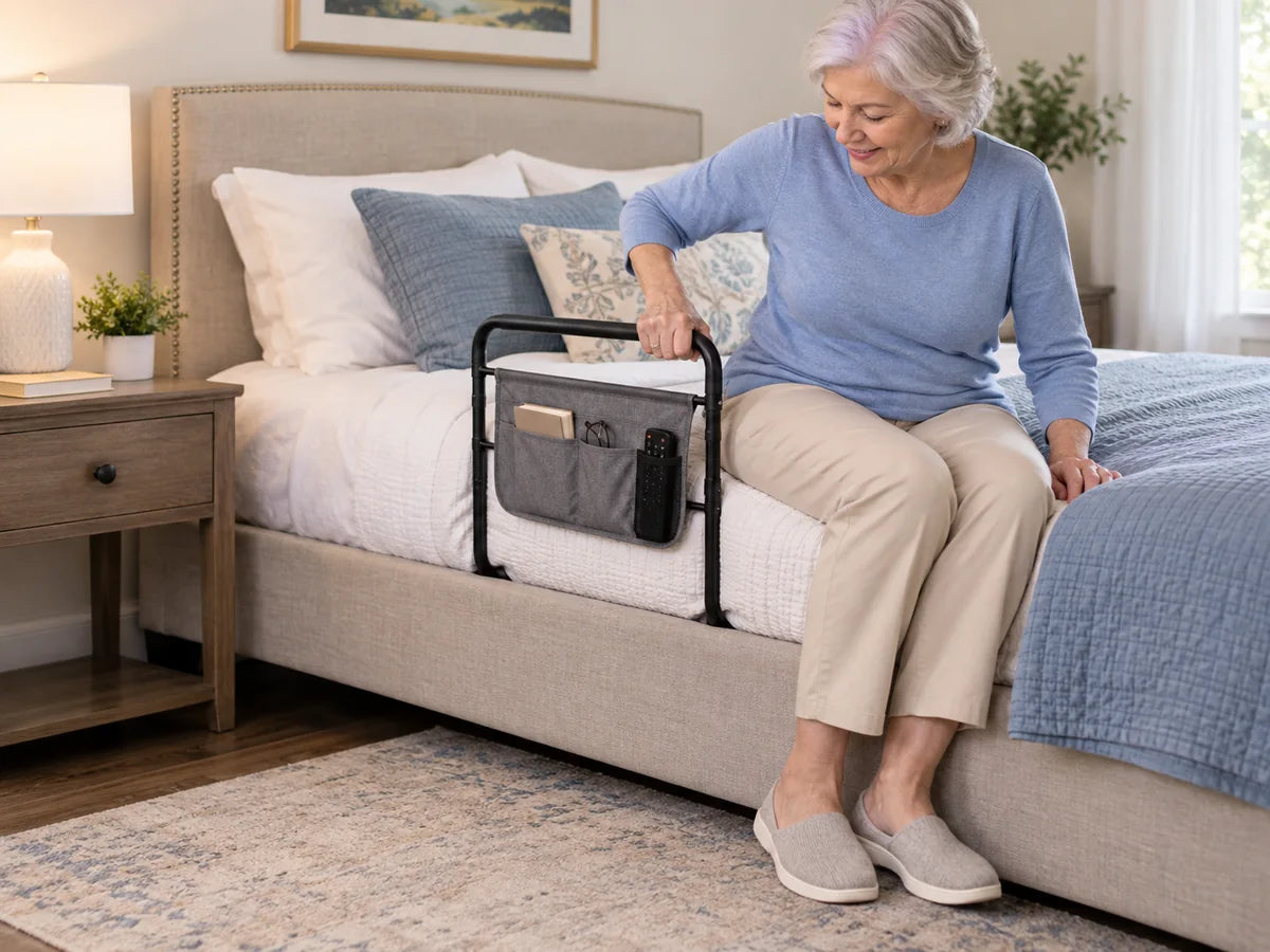 An older woman holding a bed assist rail with a storage pouch as she sits on the edge of her bed