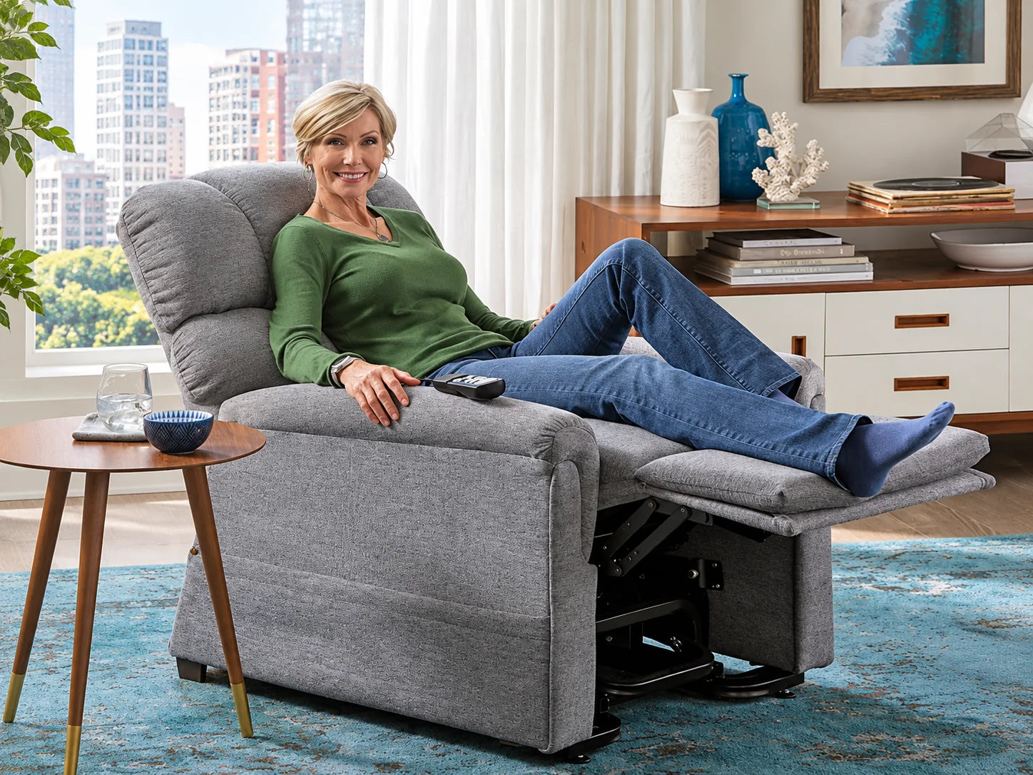 A woman relaxing in a grey lift chair with the footrest raised