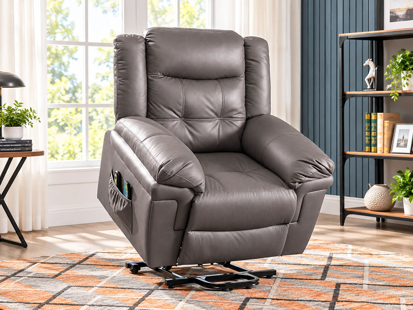 A wide grey lift chair raised on its lift base