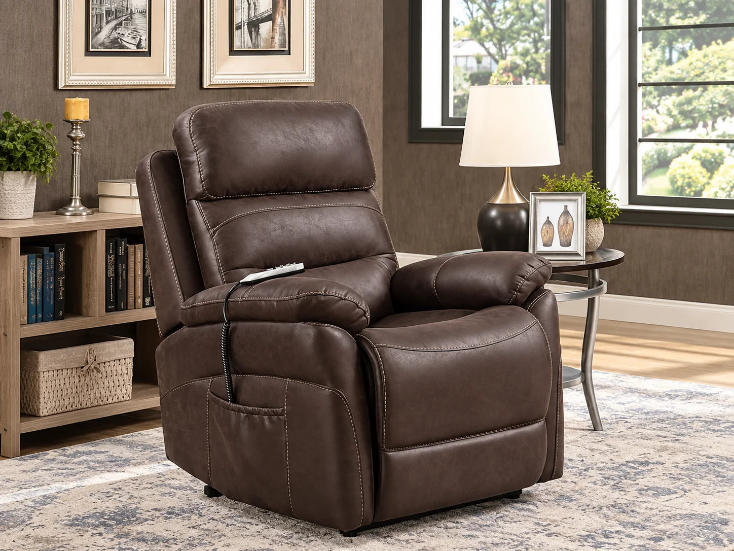 A tall-backed brown lift chair in a living room