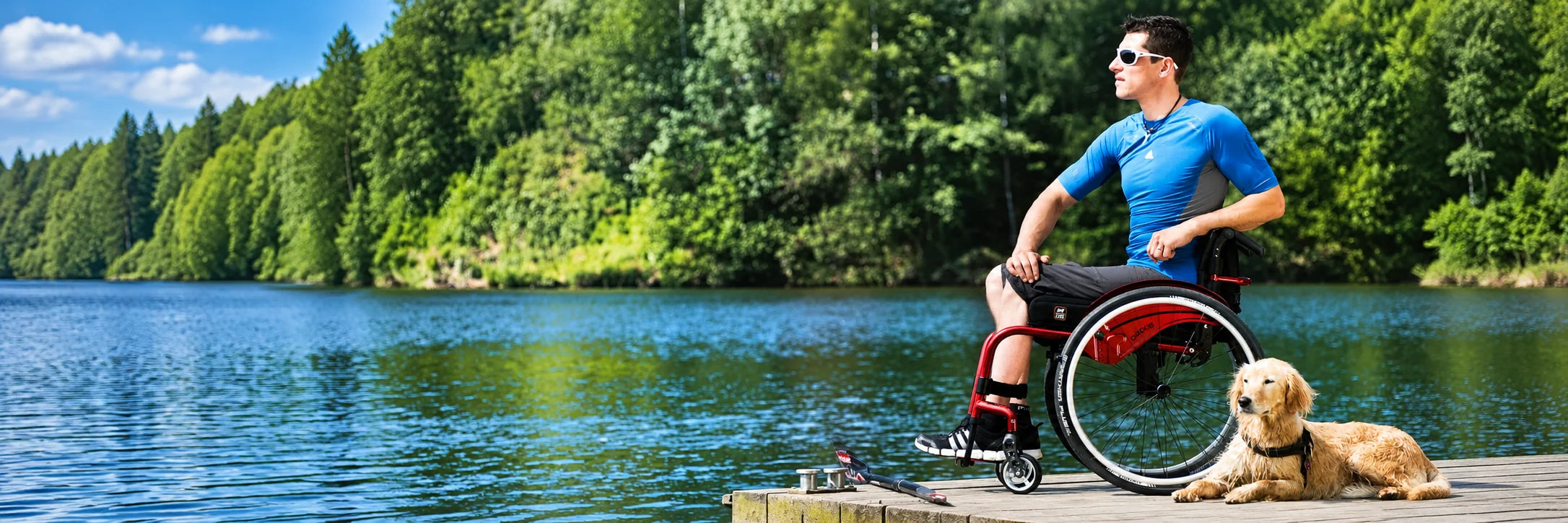 A man in a blue shirt and sunglasses on a lake dock in a red ultralight manual wheelchair with his golden retriever beside him