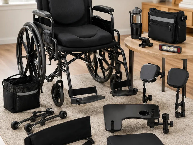 A manual wheelchair surrounded by bags, cushions, a tray and footrests