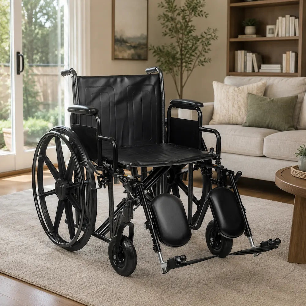 A wide heavy duty manual wheelchair with elevating legrests
