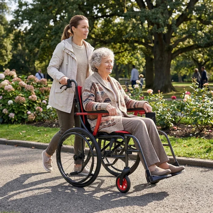 A caregiver pushing a smiling older woman in a lightweight manual wheelchair through a park