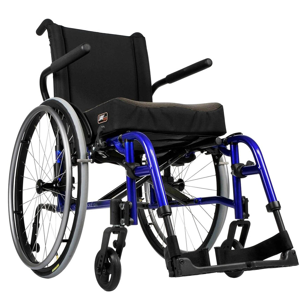A blue-framed folding ultra lightweight manual wheelchair