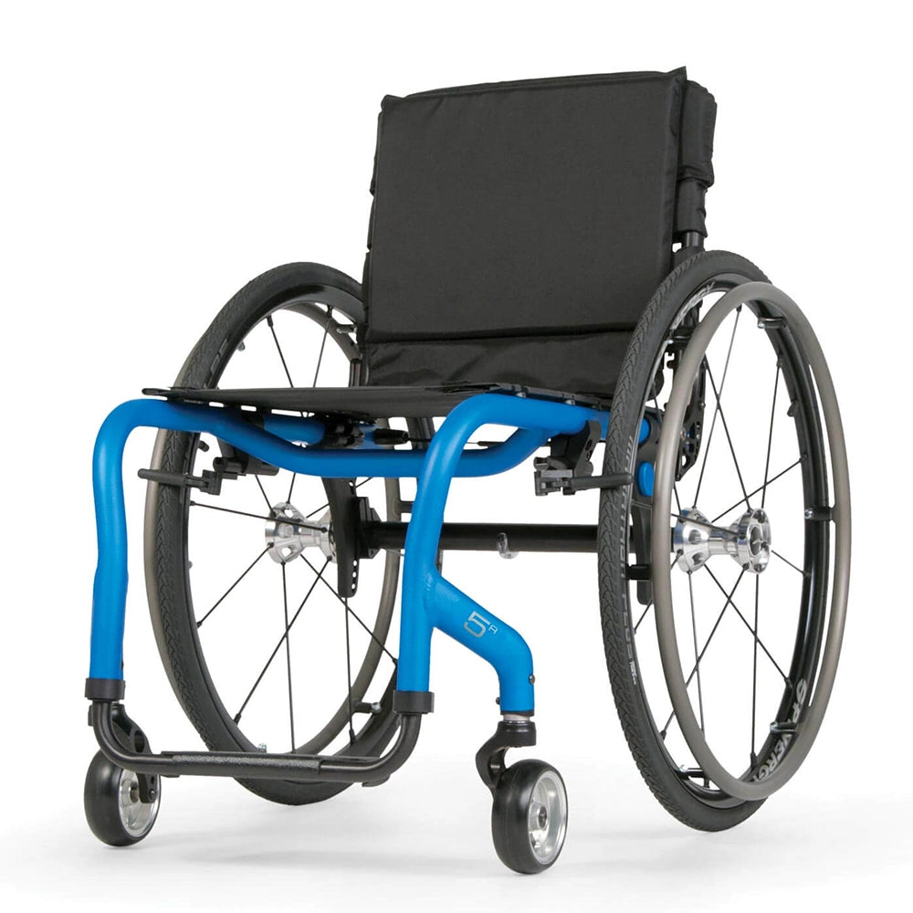 A blue-framed rigid ultra lightweight manual wheelchair