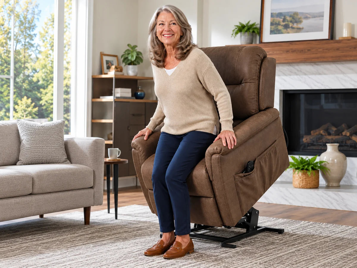 A smiling woman rising from a brown lift chair in her living room