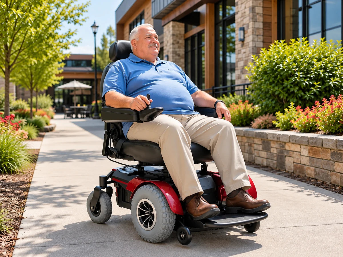 A man sitting in a red heavy duty power wheelchair on an outdoor walkway