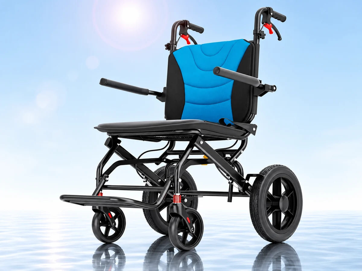 A lightweight folding transport chair with a blue padded back