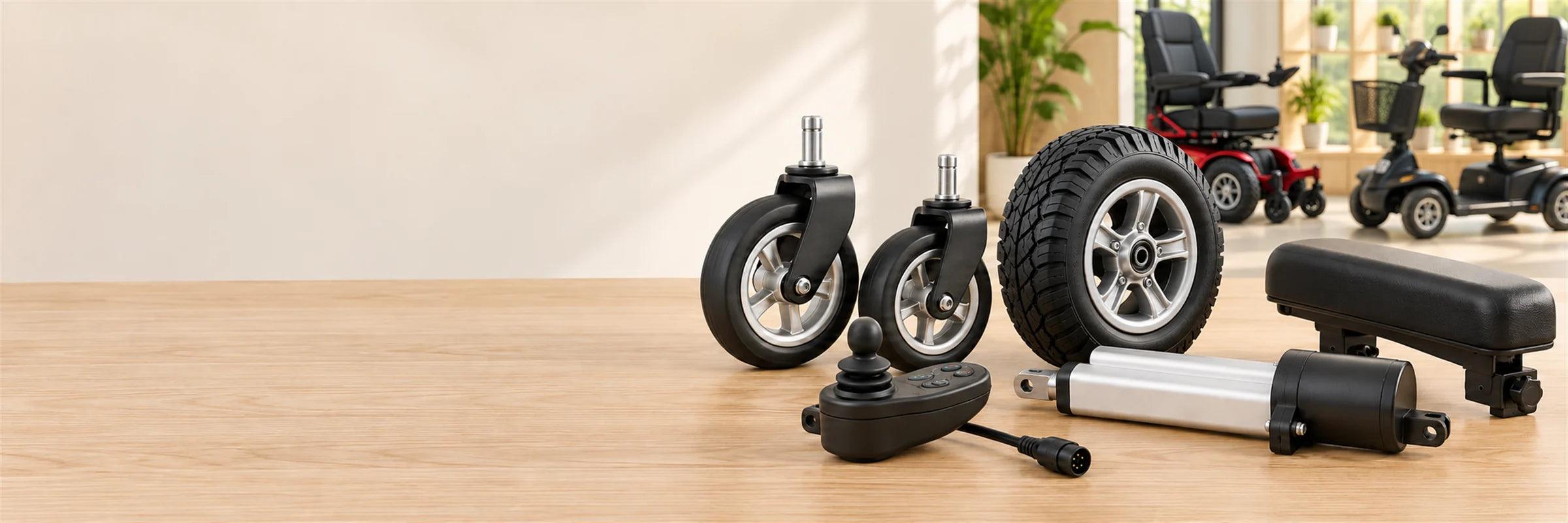 Two caster wheels, a drive wheel, a joystick, an actuator and an armrest pad on a wooden table, with a power wheelchair and a scooter in the background