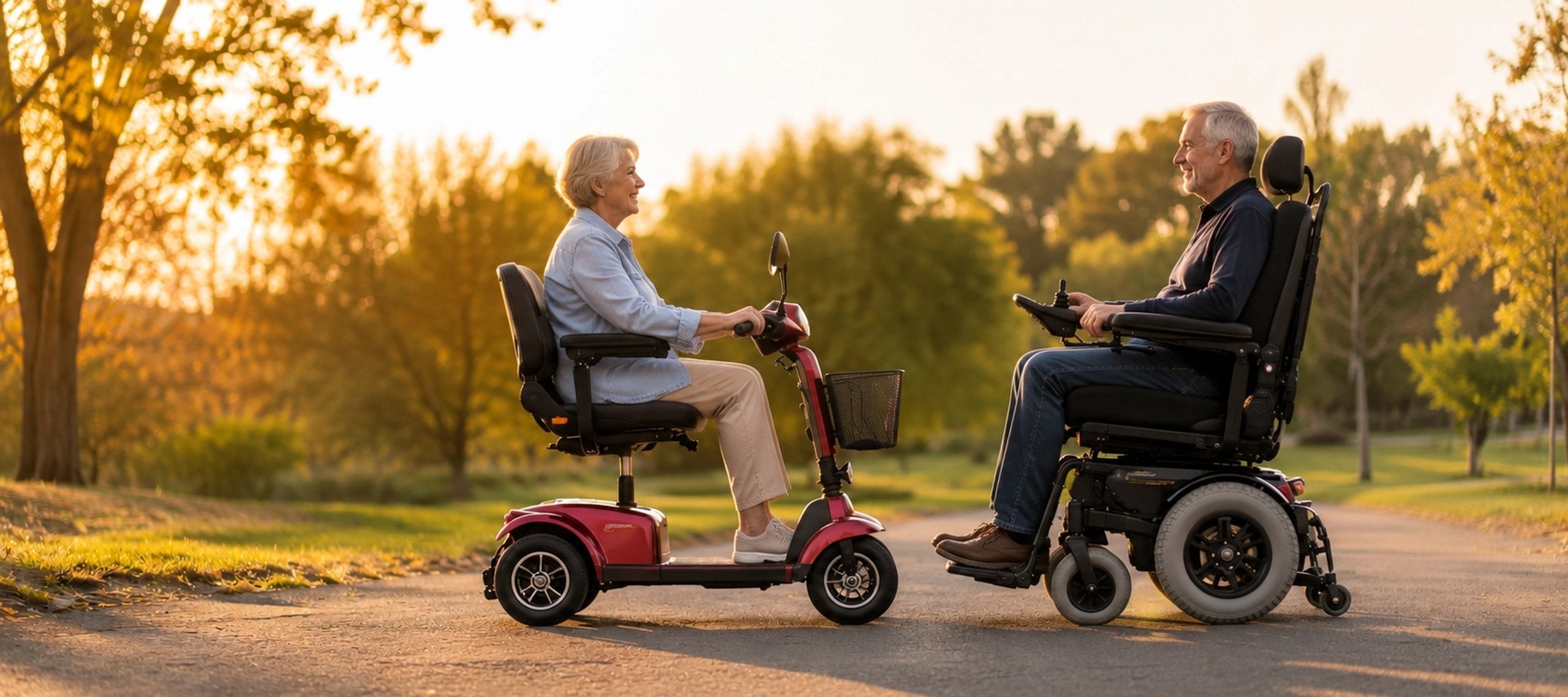 A couple enjoying the outdoors with a power wheelchair