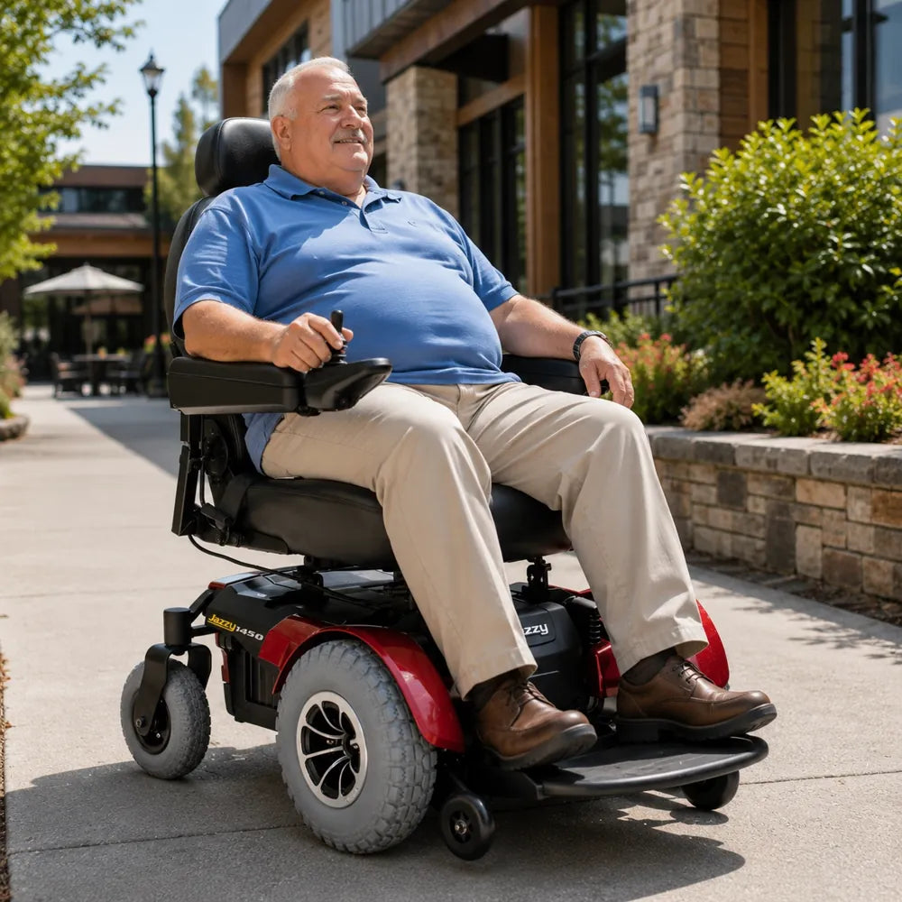 A larger rider outdoors using a bariatric power wheelchair