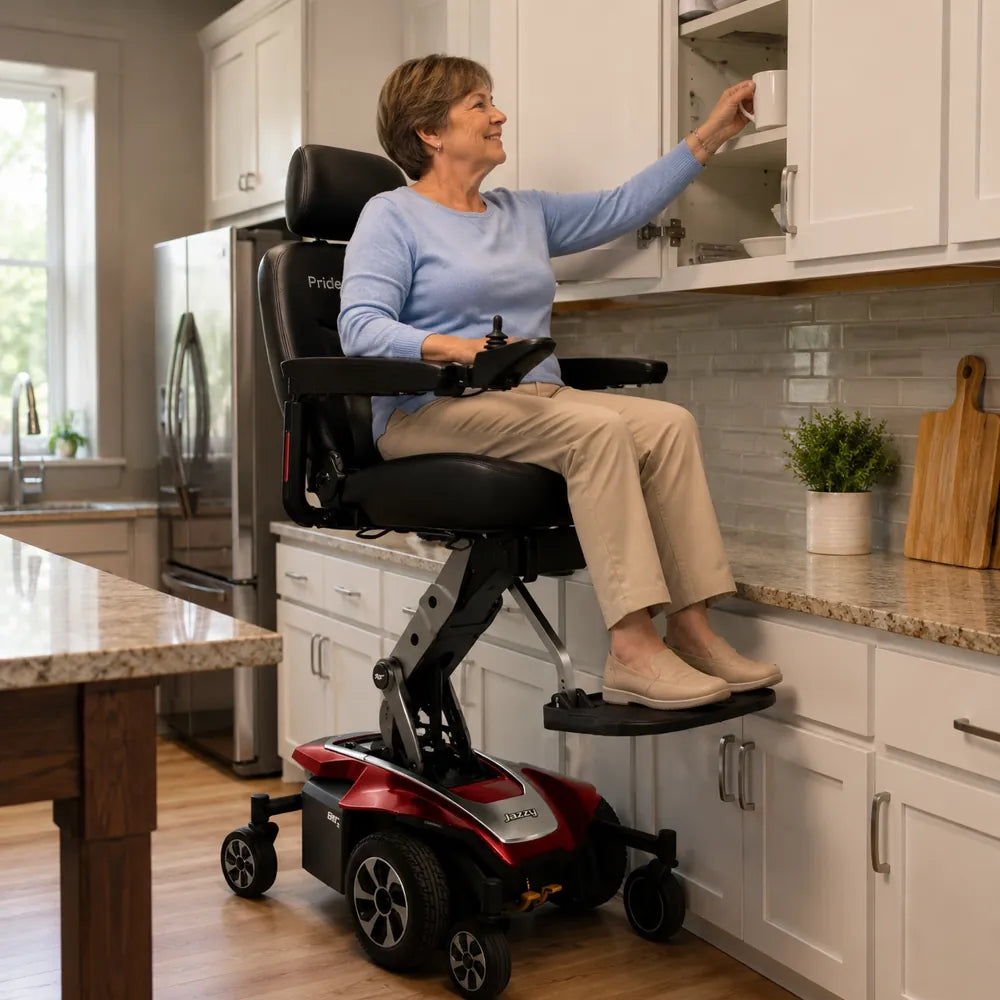 A woman using an elevating-seat power wheelchair to reach a high cabinet