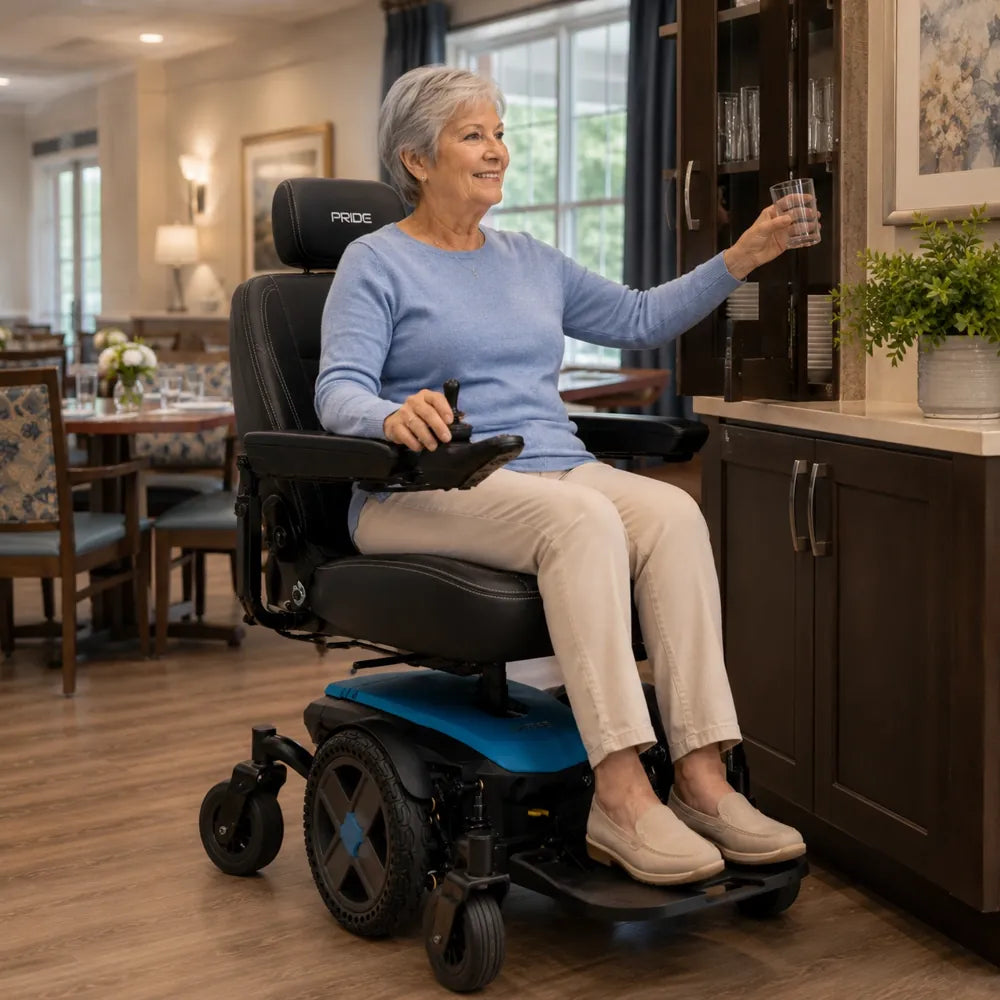A rider using a heavy-duty power wheelchair