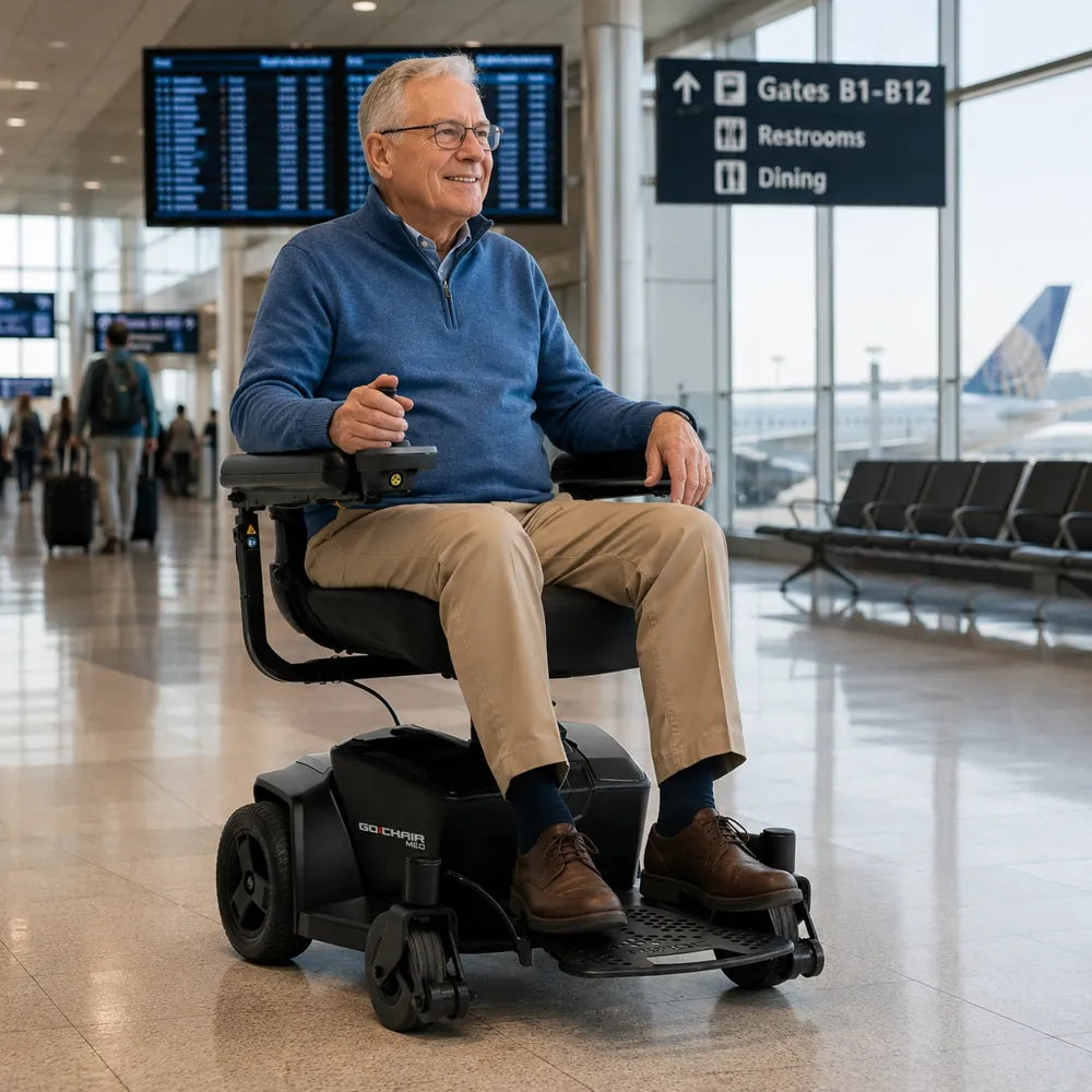 A man at an airport using a portable travel power wheelchair