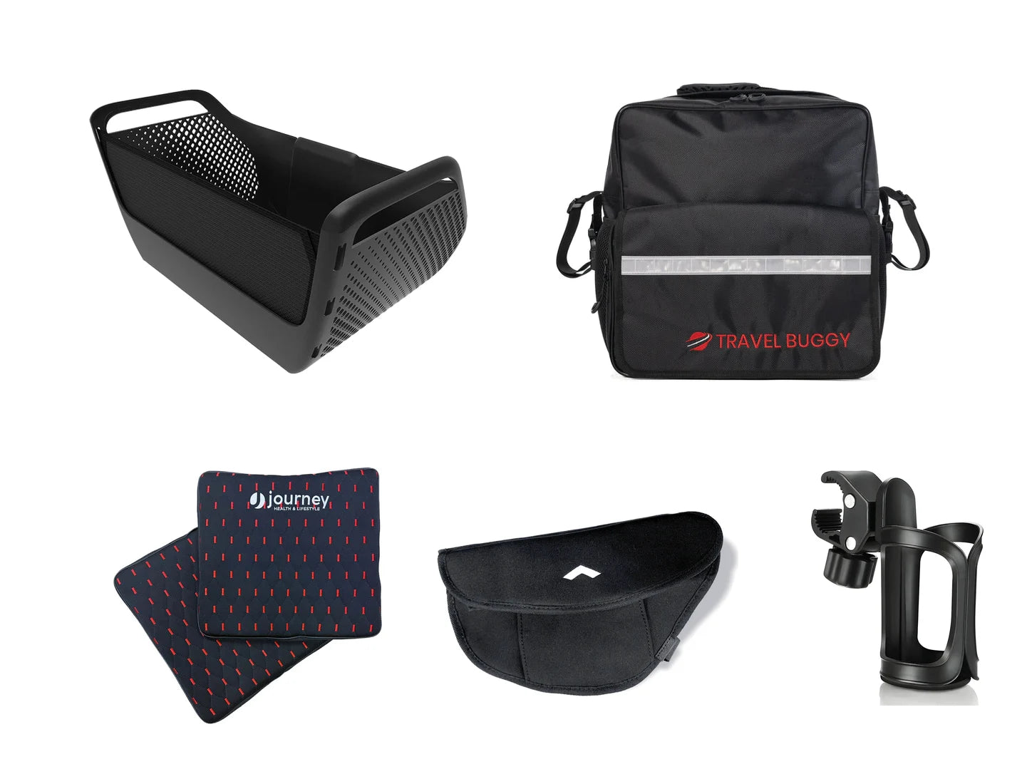 A power chair basket, travel bag, seat cushions, side bag and cup holder