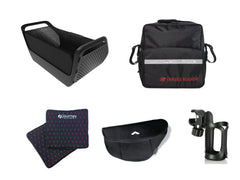 A power chair basket, travel bag, seat cushions, side bag and cup holder