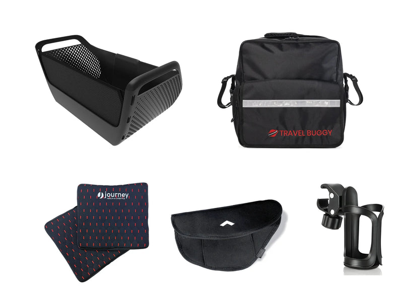 A basket, a bag, cup holders and other power wheelchair accessories