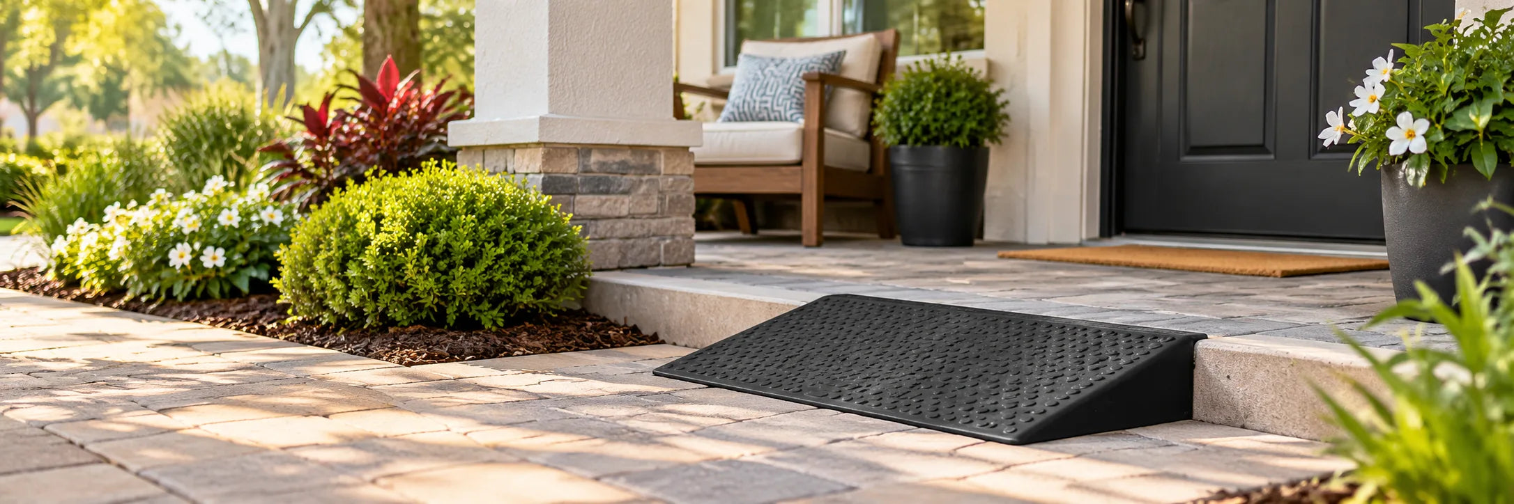 A black rubber threshold ramp at the step of a front porch