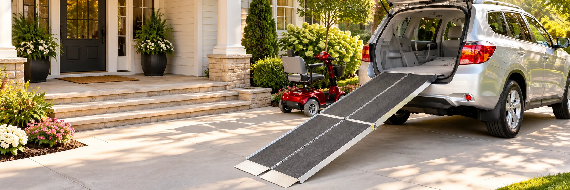 A folding ramp at the back of an SUV in a driveway, with a red mobility scooter beside it