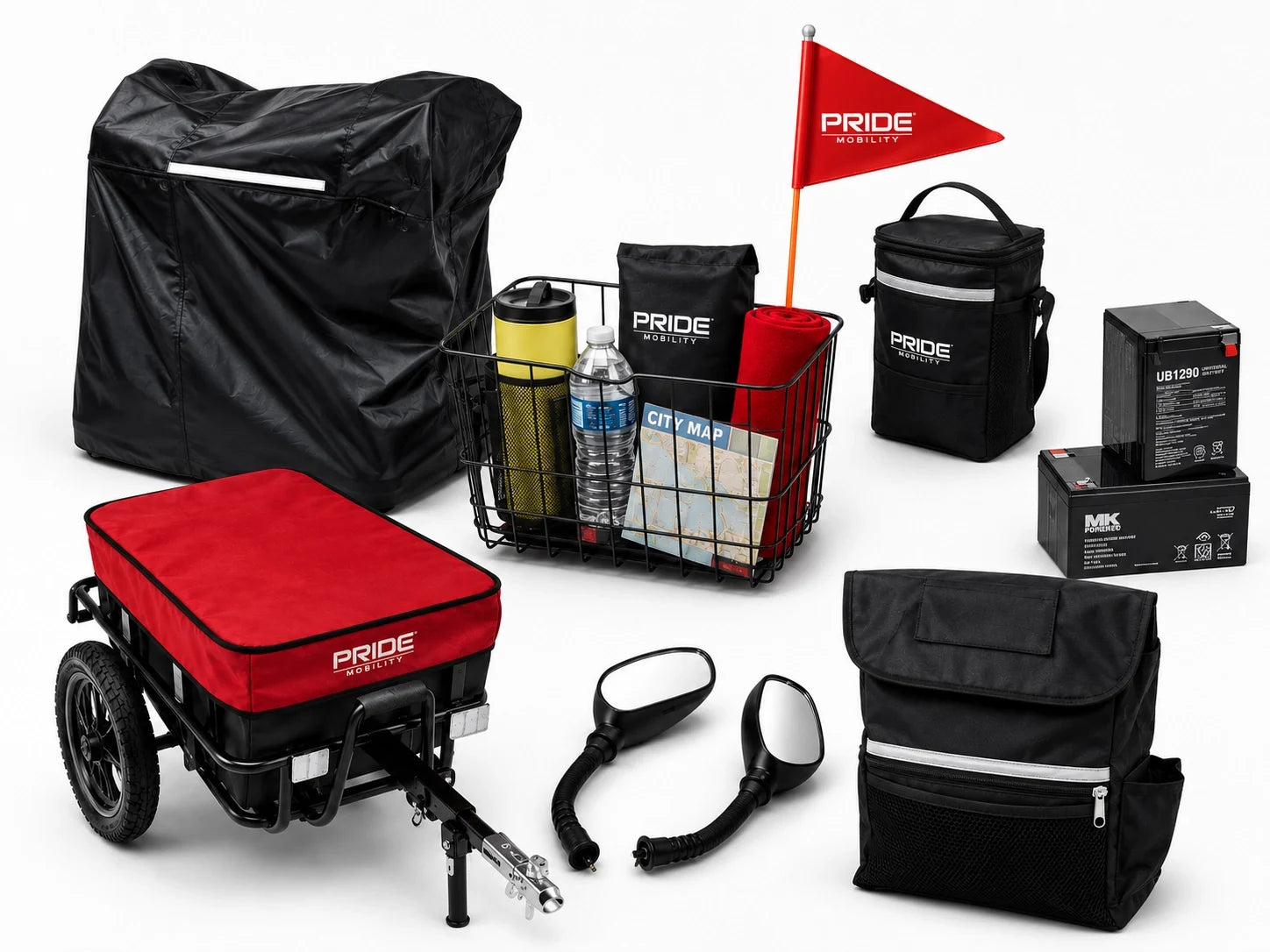 A scooter cover, a basket, mirrors, a flag and other mobility scooter accessories