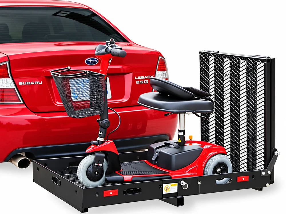 A scooter on an unpowered hitch carrier with a fold-up ramp behind a red sedan