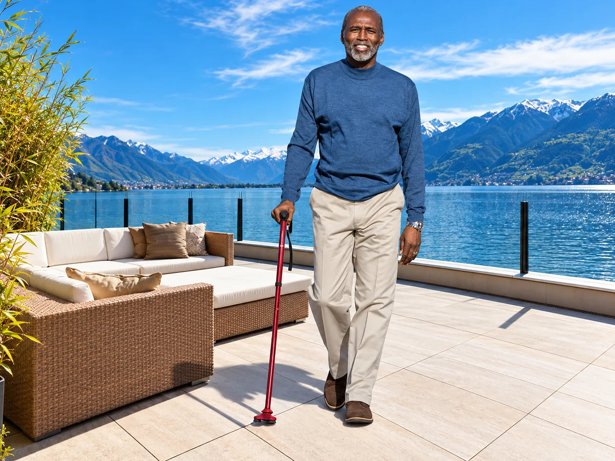 A man walking with a red cane on a terrace by a lake