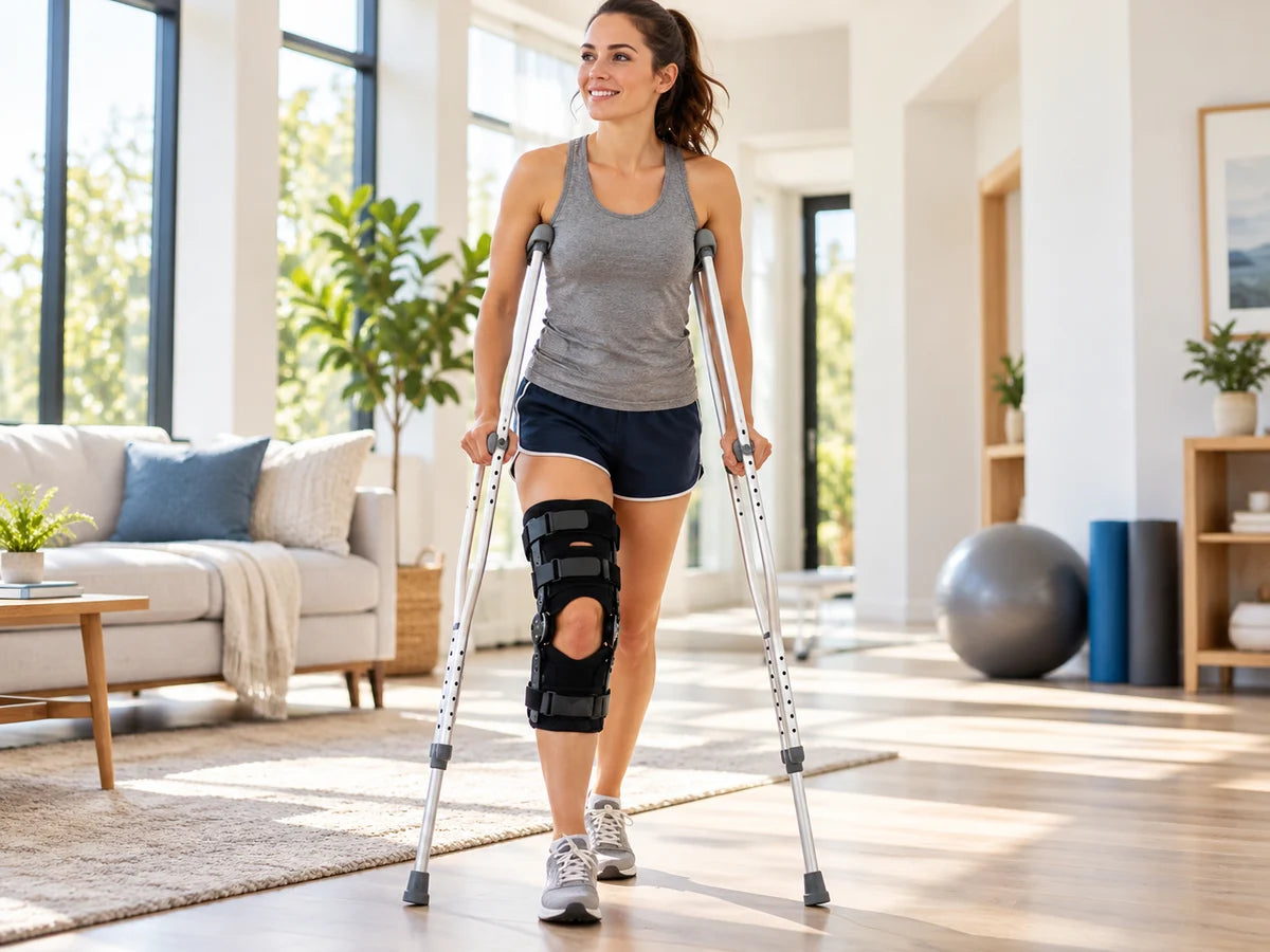 A woman in a knee brace walking with crutches in her living room