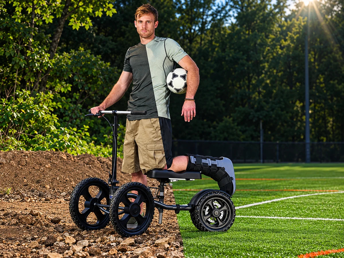 A man with his leg in a boot resting on a knee walker beside a playing field