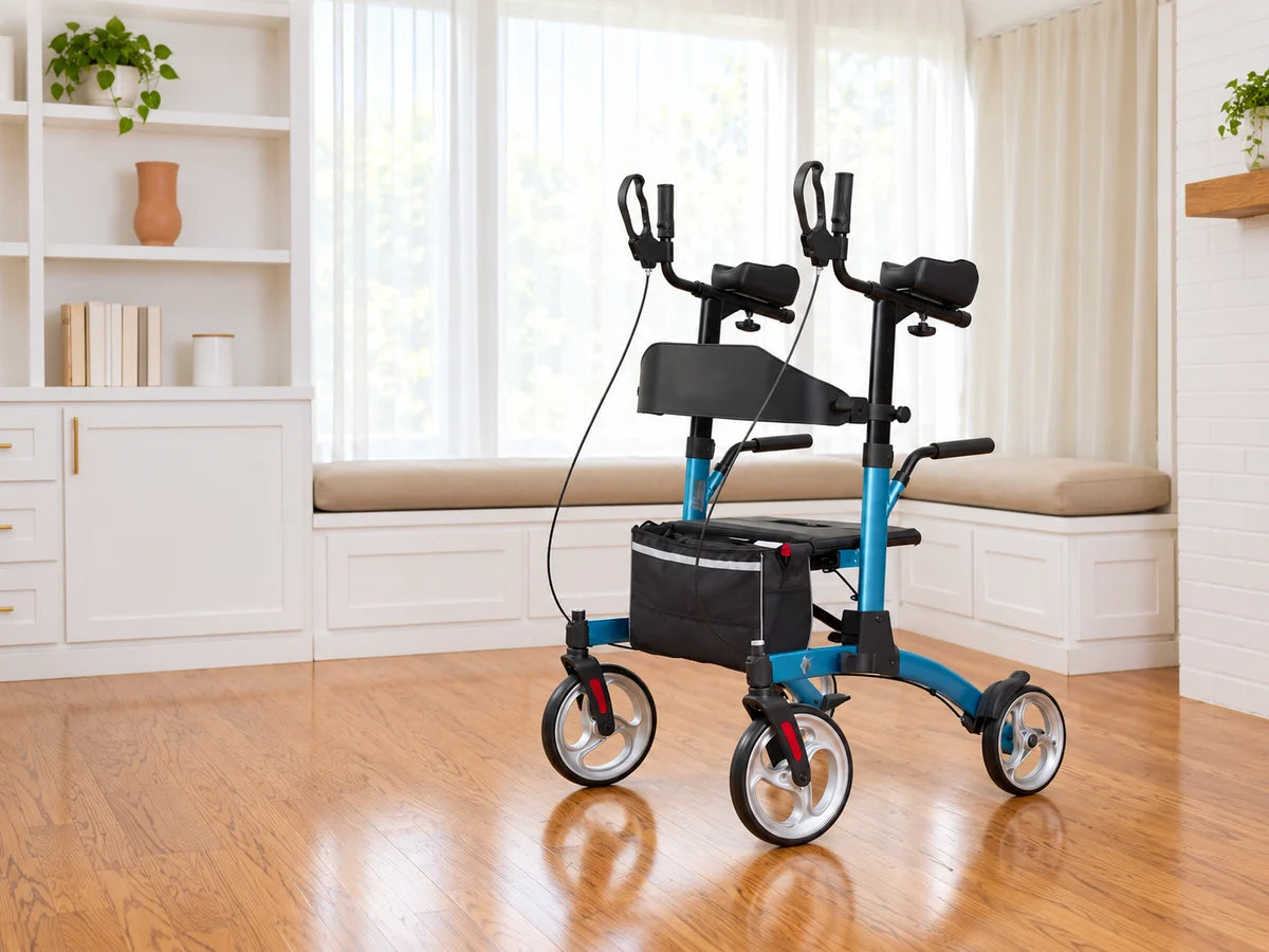 A blue upright walker with forearm rests and a seat in a bright living room