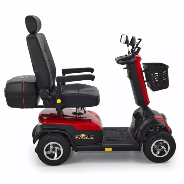 Golden Eagle Mobility Scooter in crimson red with large tires and a high-back Captain's seat, designed for outdoor use.