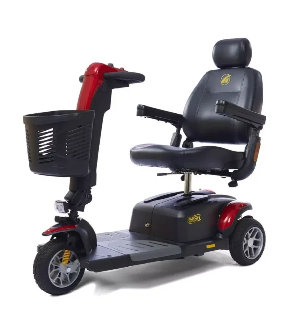 Buzzaround LX 3-Wheel scooter in red, fully-padded captain’s seat, compact design for indoor and outdoor use.