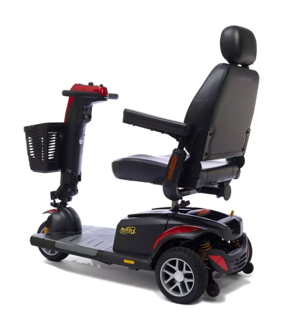 Buzzaround LX 3-Wheel scooter in red, fully-padded captain’s seat, compact design for indoor and outdoor use.
