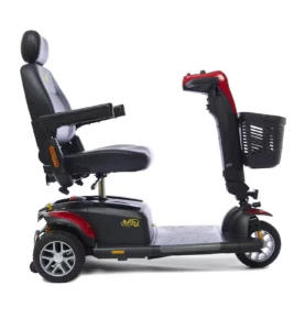 Buzzaround LX 3-Wheel scooter in red, fully-padded captain’s seat, compact design for indoor and outdoor use.