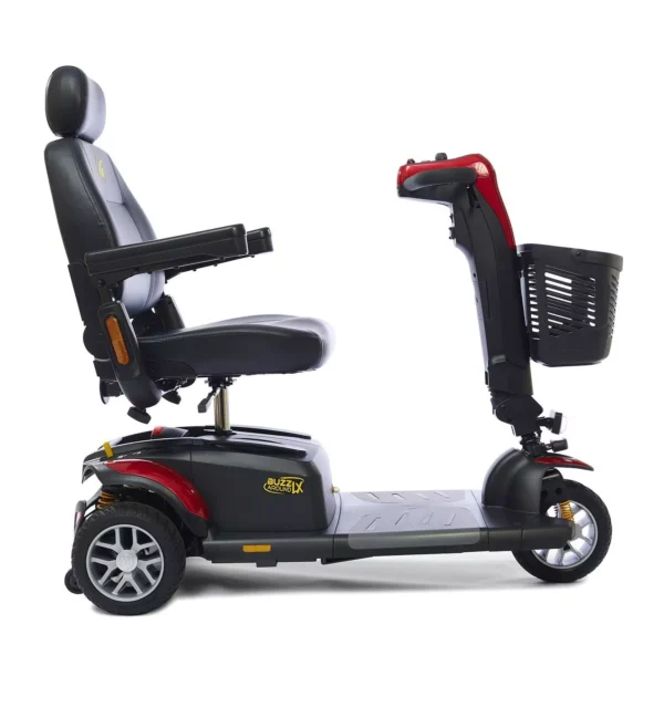 Buzzaround LX 3-Wheel scooter in red, fully-padded captain’s seat, compact design for indoor and outdoor use.