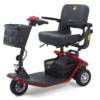 LiteRider GL111 Red_NEW SEAT_RIGHT TURN LiteRider 3-Wheel mobility scooter with a padded seat, large front basket, and three sturdy wheels, designed for easy indoor and outdoor use.
