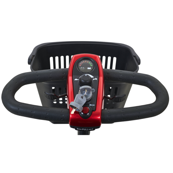 LiteRider 3-Wheel mobility scooter with a padded seat, large front basket, and three sturdy wheels, designed for easy indoor and outdoor use.
