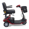 LiteRider GL111 Red__NEW SEAT_LEFT PROFILE LiteRider 3-Wheel mobility scooter with a padded seat, large front basket, and three sturdy wheels, designed for easy indoor and outdoor use.