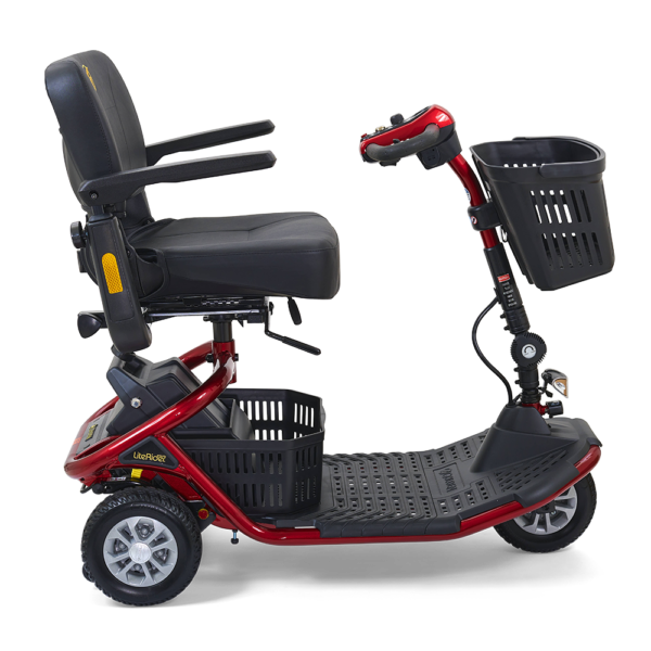 LiteRider 3-Wheel mobility scooter with a padded seat, large front basket, and three sturdy wheels, designed for easy indoor and outdoor use.