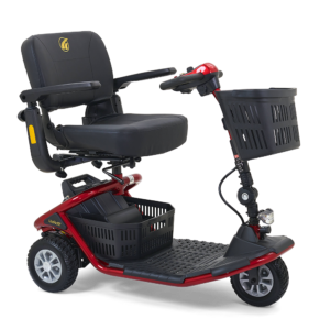 LiteRider 3-Wheel mobility scooter with a padded seat, large front basket, and three sturdy wheels, designed for easy indoor and outdoor use.